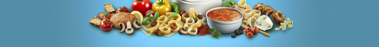 ai genererad webb sida baner av känd italiensk mat recept på rena blå bakgrund. ai genererad foto