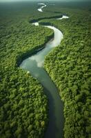 ai genererad antenn se av de amazonas djungel landskap med flod böja. generativ ai foto