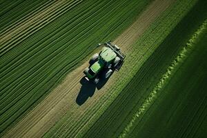 ai genererad tar vård av de beskära. antenn se av en traktor gödsling en kultiverad jordbruks fält. foto