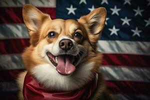 ai genererad welsh corgi hund mot de bakgrund av de oss flagga. val, oss oberoende dag. patriotisk hund. generativ ai foto