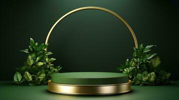 ai genererad 3d återges tömma visa elegant lyx grön och guld tema podium med löv minimal scen för produkt visa presentation foto
