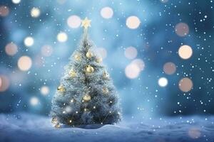 ai genererad skön festlig jul snöig bakgrund. jul träd dekorerad med bollar , baner formatera, kopia Plats foto