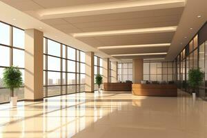 ai genererad skön bakgrund av en modern kontor interiör i med panorama- fönster foto