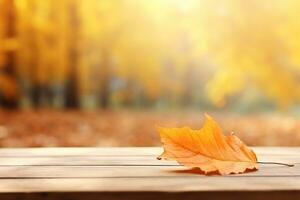 ai genererad skön orange och gyllene höst löv mot en suddigt parkera i solljus med skön bokeh. naturlig höst bakgrund foto