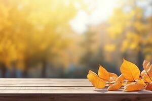 ai genererad skön orange och gyllene höst löv mot en suddigt parkera i solljus med skön bokeh. naturlig höst bakgrund foto