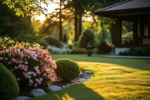 ai genererad se av ett attraktiv bakgård med ny plantering sängar och väl hålls gräsmatta foto