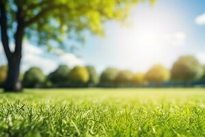 ai genererad skön suddig bakgrund bild av vår natur med en ordentligt trimmad gräsmatta omgiven förbi träd mot en blå himmel med moln på en ljus solig dag foto