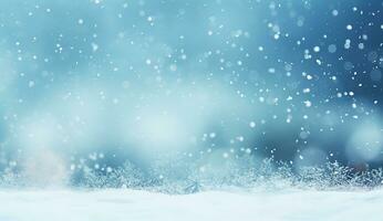 ai genererad skön bakgrund bild av små snödrivor, faller snö och snöflingor i vit och blå toner. foto