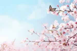 ai genererad blomstrande körsbär mot bakgrund av blå himmel och fjärilar på natur utomhus. rosa sakura blommor, drömmande romantisk bild vår, landskap panorama, kopia Plats foto