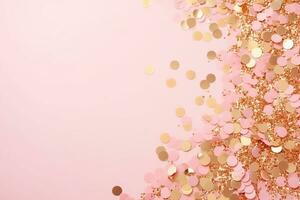 ai genererad gyllene pärlar på rosa bakgrund. med spridd metall glitter i delikat pastell färger foto