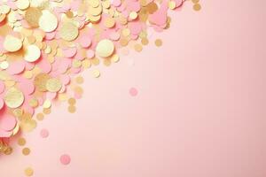 ai genererad gyllene pärlar på rosa bakgrund. med spridd metall glitter i delikat pastell färger foto