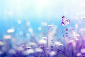 ai genererad fjäril på lila vild violett blommor i gräs i strålar av solljus, makro. vår sommar färsk konstnärlig bild av skönhet morgon- natur foto