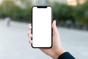 ai genererad tömma vit tom kvinna smartphone innehav attrapp foto