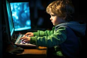 ai genererad söt liten pojke använder sig av en dator på natt i en mörk rum, en barn använder sig av en dator till bemästra en ny skicklighet, ai genererad foto