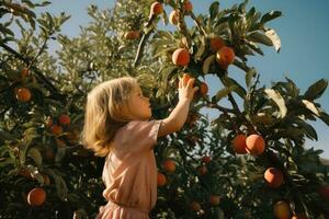 ai genererad liten flicka plockning mogen persimon i fruktträdgård på solig dag, en barn nå för ett organisk persika på en träd, ai genererad foto