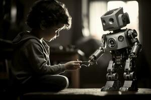ai genererad söt liten pojke spelar med leksak robot på Hem, svart och vit, en barn spelar med en leksak robot, ai genererad foto