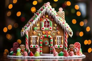 ai genererad pepparkaka hus med färgrik godis och lampor på bakgrund, en jul pepparkaka hus med godis dekorationer, ai genererad foto