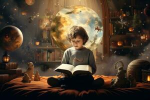 ai genererad liten pojke läsning en bok i hans sovrum. fe- berättelse begrepp, en barnets fantasi varelse tankas förbi en berättelse från lärare, ai genererad foto