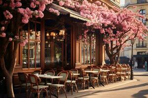 ai genererad Kafé i paris, Frankrike, med rosa körsbär blommar, en klassisk parisian Kafé i de vår morgon, ai genererad foto