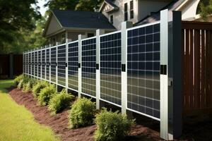 ai genererad sol- paneler i en rad i främre av en hus med grön gräs, hus staket tillverkad av sol- paneler, ai genererad foto
