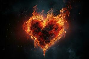 ai genererad hjärta form i brand på svart bakgrund. kärlek begrepp. 3d tolkning, hjärta i brand, en slående bild av en hjärta tillverkad med brand och is, ai genererad foto