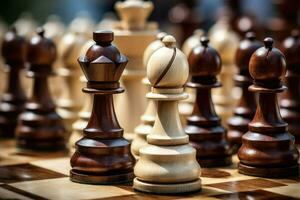 ai genererad trä- schack bitar på en säljkår stänga upp schack ai genererad foto