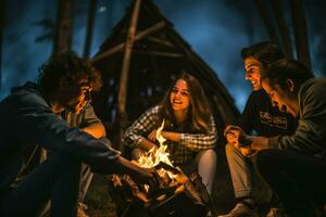 ai genererad grupp av ung vänner Sammanträde nära bål på natt camping begrepp, ung människor Sammanträde runt om en bål ai genererad foto