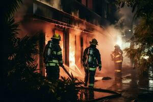 ai genererad brandmän släck en brand i en byggnad på natt ai genererad foto