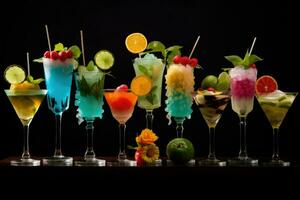ai genererad annorlunda färgad cocktails i glasögon på en tabell, dekoration av annorlunda cocktail i annorlunda glasögon ai genererad foto