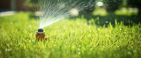 ai genererad automatisk trädgård gräsmatta sprinkler i verkan vattning gräs. ai genererad foto