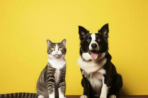 ai genererad katt och hund tillsammans med Lycklig uttryck på gul bakgrund. ai genererad foto