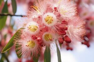 ai genererad skön gummi träd rosa blommor och knoppar. ai genererad foto