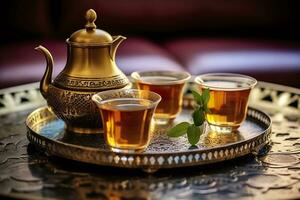 ai genererad traditionell marockansk te uppsättning med dekorativ tekannor, glasögon, och mynta löv. generativ ai foto