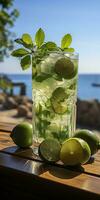 ai genererad fantastisk Foto av cocktail mojito, en solig sommar strand i de bakgrund. generativ ai