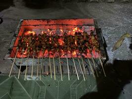 grillning kyckling satay med en träkol brand. foto