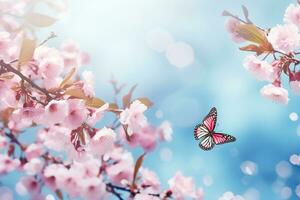 ai genererad blomstrande körsbär mot bakgrund av blå himmel och fjärilar på natur utomhus. rosa sakura blommor, drömmande romantisk bild vår, landskap panorama, kopia Plats foto