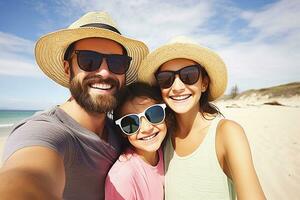 ai genererad Lycklig familj tar selfie på strand nära hav. sommar semester foto