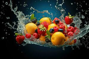 ai genererad färsk frukt stänk in i klar vatten, färsk frukt in i klar vatten stänk bakgrund ai genererad foto