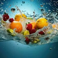 ai genererad färsk frukt stänk in i klar vatten, färsk frukt in i klar vatten stänk bakgrund ai genererad foto
