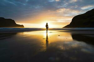 ai genererad en person gående på de strand på solnedgång. ai genererad. foto