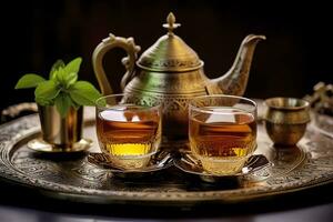 ai genererad traditionell marockansk te uppsättning med dekorativ tekannor, glasögon, och mynta löv. generativ ai foto