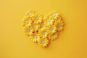 ai genererad gul hjärta formad förbi gul daisy över gul bakgrund. ai genererad foto