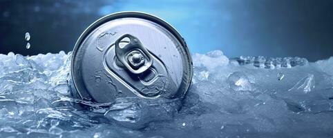 ai genererad topp av dryck tenn kan iced nedsänkt i frost is, metall aluminium dryck. generativ ai foto
