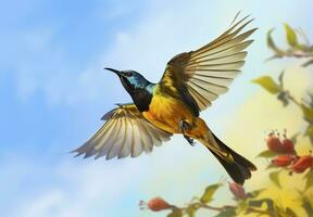 ai genererad oliv stöd solfågel, gul magad sunbird flygande i de ljus himmel. generativ ai foto