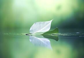 ai genererad vit transparent blad på spegel yta med reflexion på grön bakgrund makro. generativ ai foto