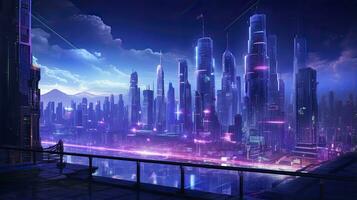 ai genererad en futuristisk, cyberpunk inspirerad stadsbild på natt. ai genererad foto