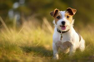 ai genererad Lycklig domkraft russell terrier sällskapsdjur hund väntar, lyssnande i de gräs. ai genererad foto