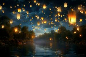 ai genererad lyktor flyga i himmel på flod, flygande lyktor i de natt himmel under de diwali festival ai genererad foto