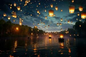 ai genererad lyktor flyga i himmel på flod, flygande lyktor i de natt himmel under de diwali festival ai genererad foto