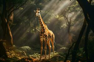 ai genererad giraff gående tvärs över de afrikansk skog ai genererad foto